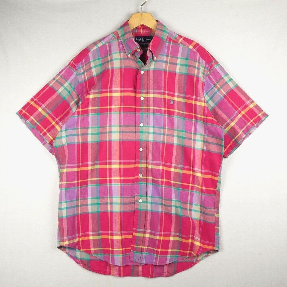 Polo Ralph Lauren Indian Madras Short Sleeve Shirt Mens M Pink Green Plaid Blake - Picture 3 of 9